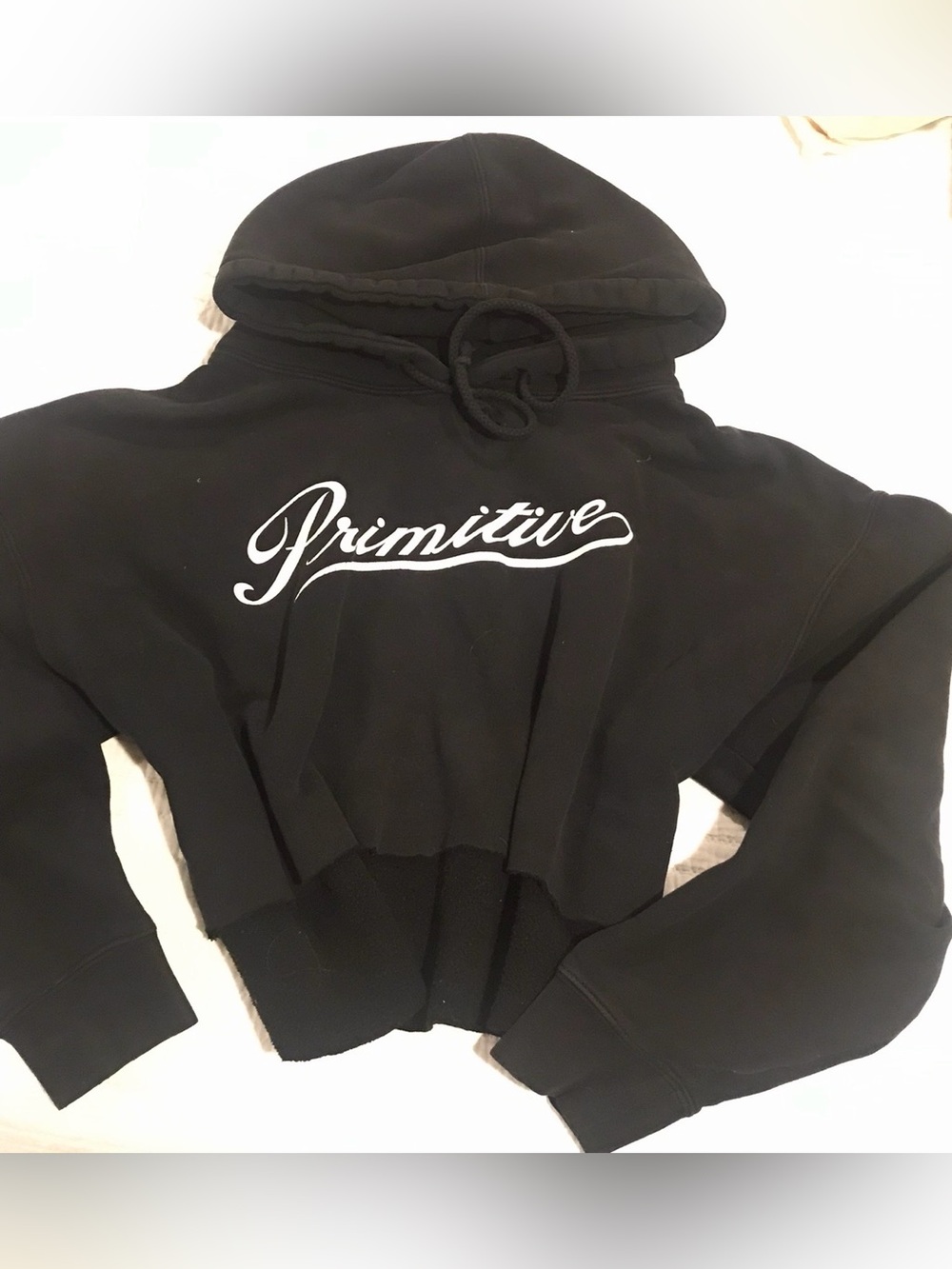 Primitive Black Cropped Hoodie skateboard brand with raw edges